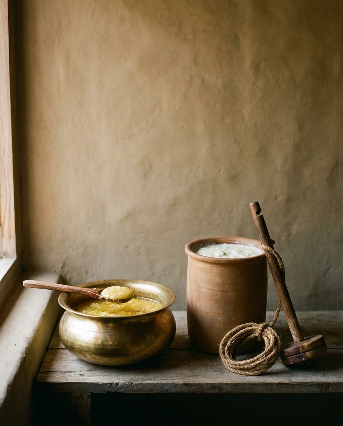 A brass pot of grainy golden ghee beside a clay pot of curd with a wooden bilona churner
