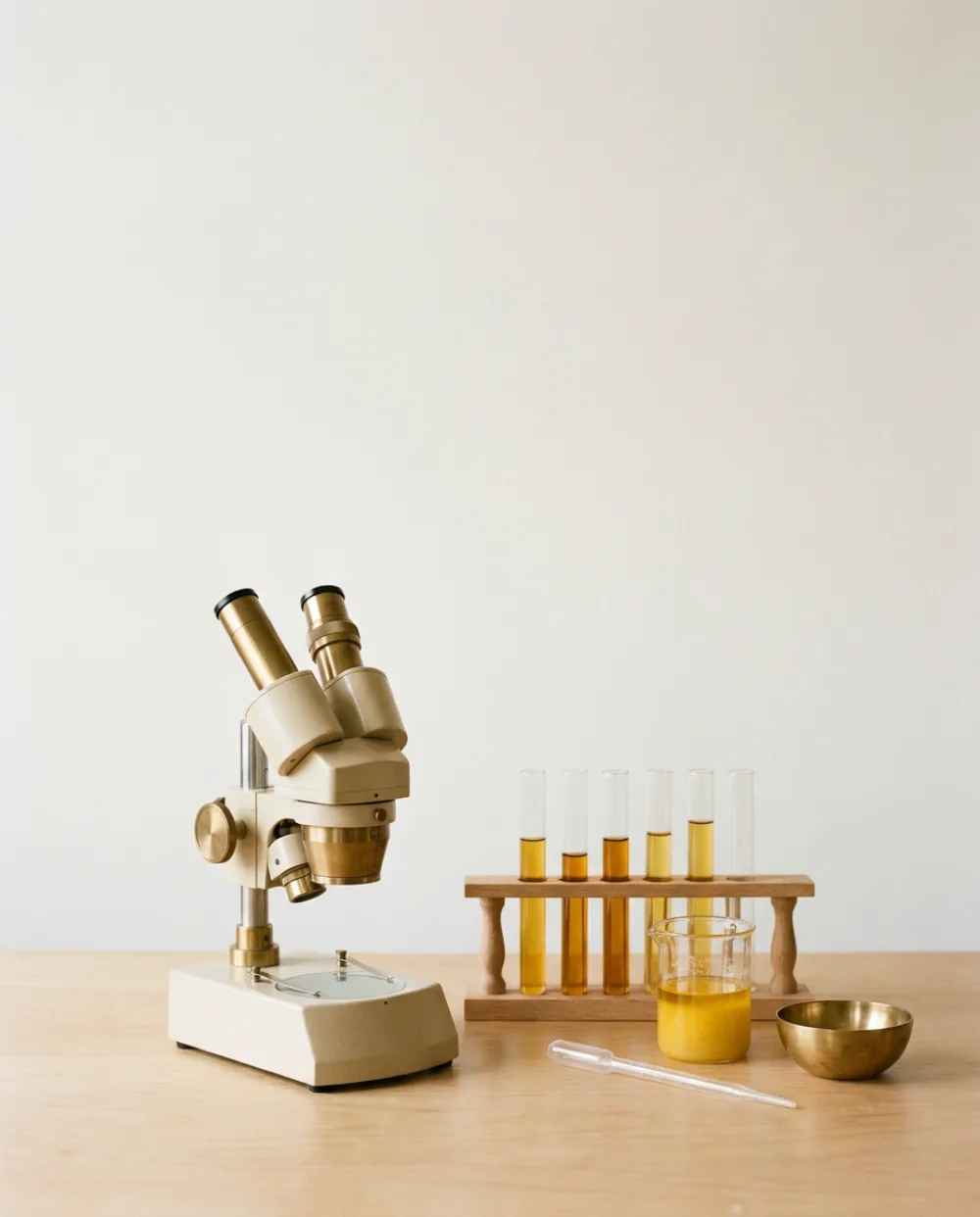 A testing bench with a stereo microscope, a rack of glass tubes holding golden samples and a beaker of ghee