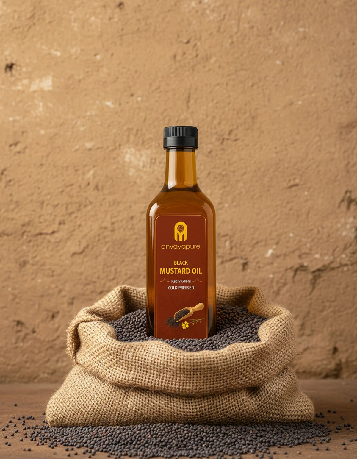 A bottle of Anvayapure black mustard oil standing in a jute sack of black mustard seed