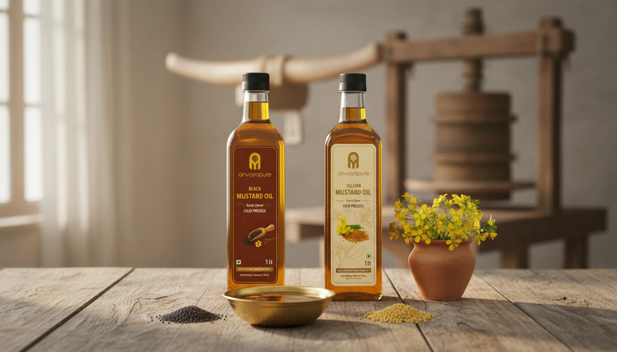 Anvayapure black and yellow mustard oil bottles standing on a wooden table with a brass bowl of oil, heaps of black and yellow mustard seed, mustard flowers, and a wooden ghani press behind