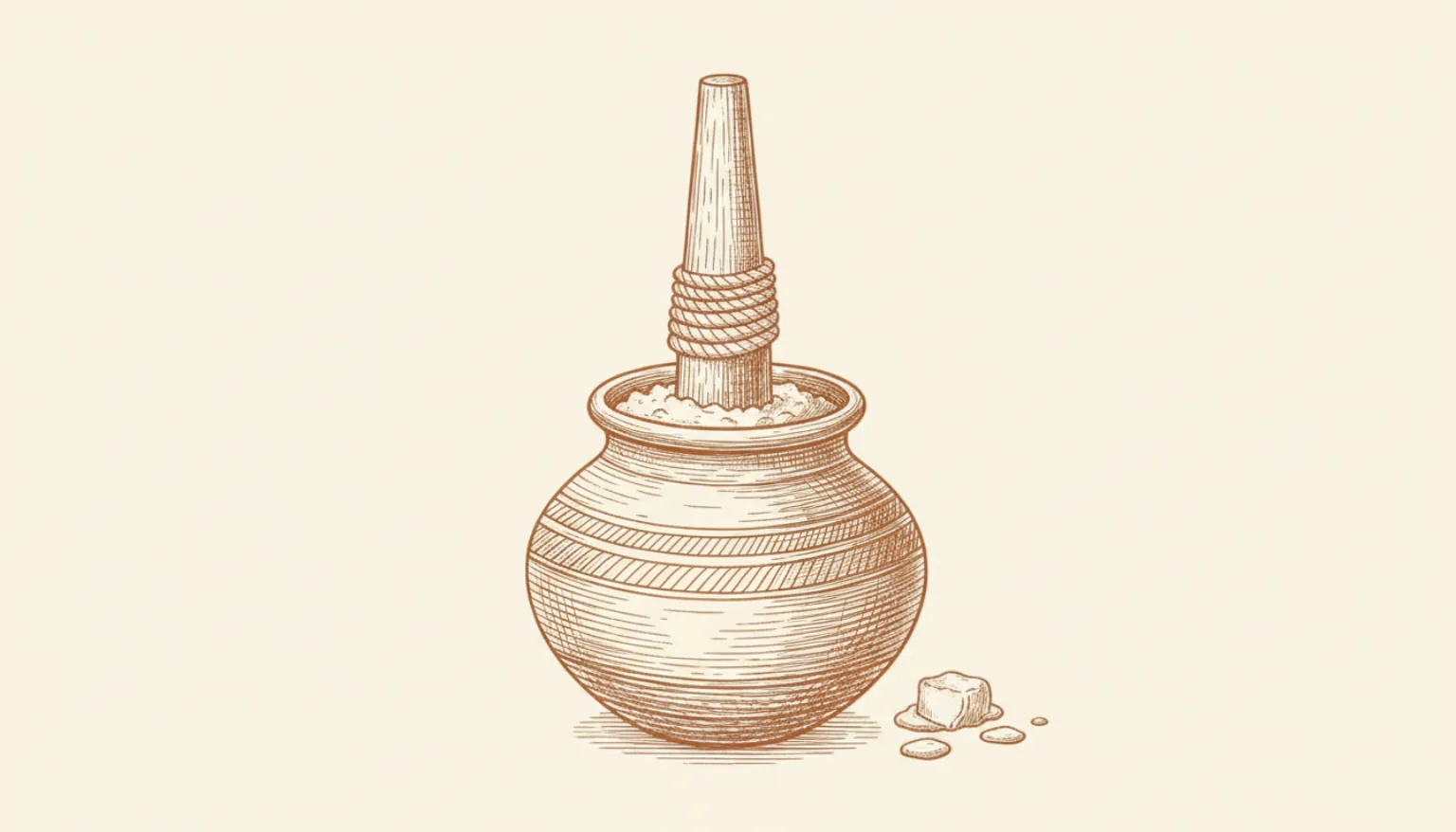 Line illustration of a wooden bilona churner in a clay pot of curd