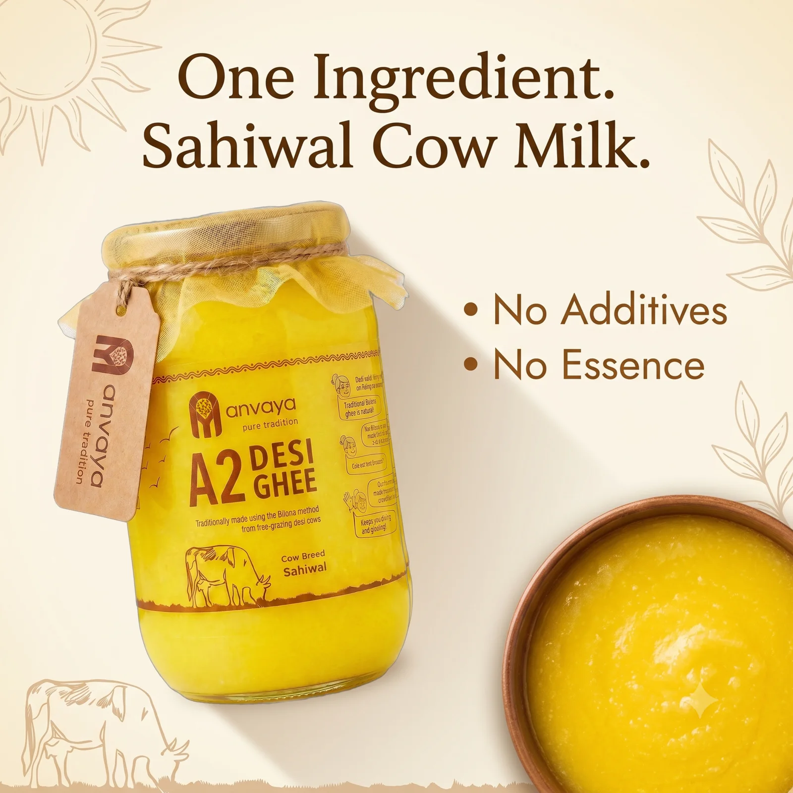 One ingredient, Sahiwal cow milk. No additives, no essence. The Anvayapure A2 Desi Ghee jar beside a clay bowl of grainy ghee