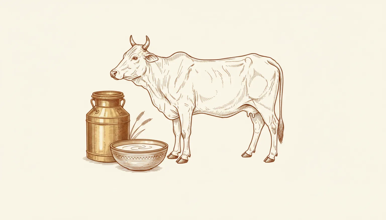 Line illustration of a brass milk pail, bowl of milk and an indigenous humped cow