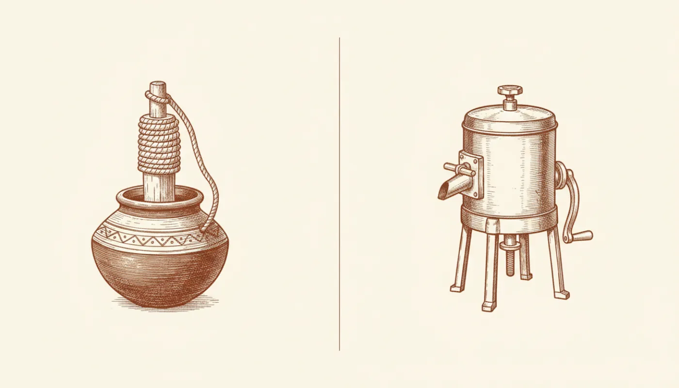 Line illustration comparing a wooden bilona churner in a clay pot with an industrial cream separator
