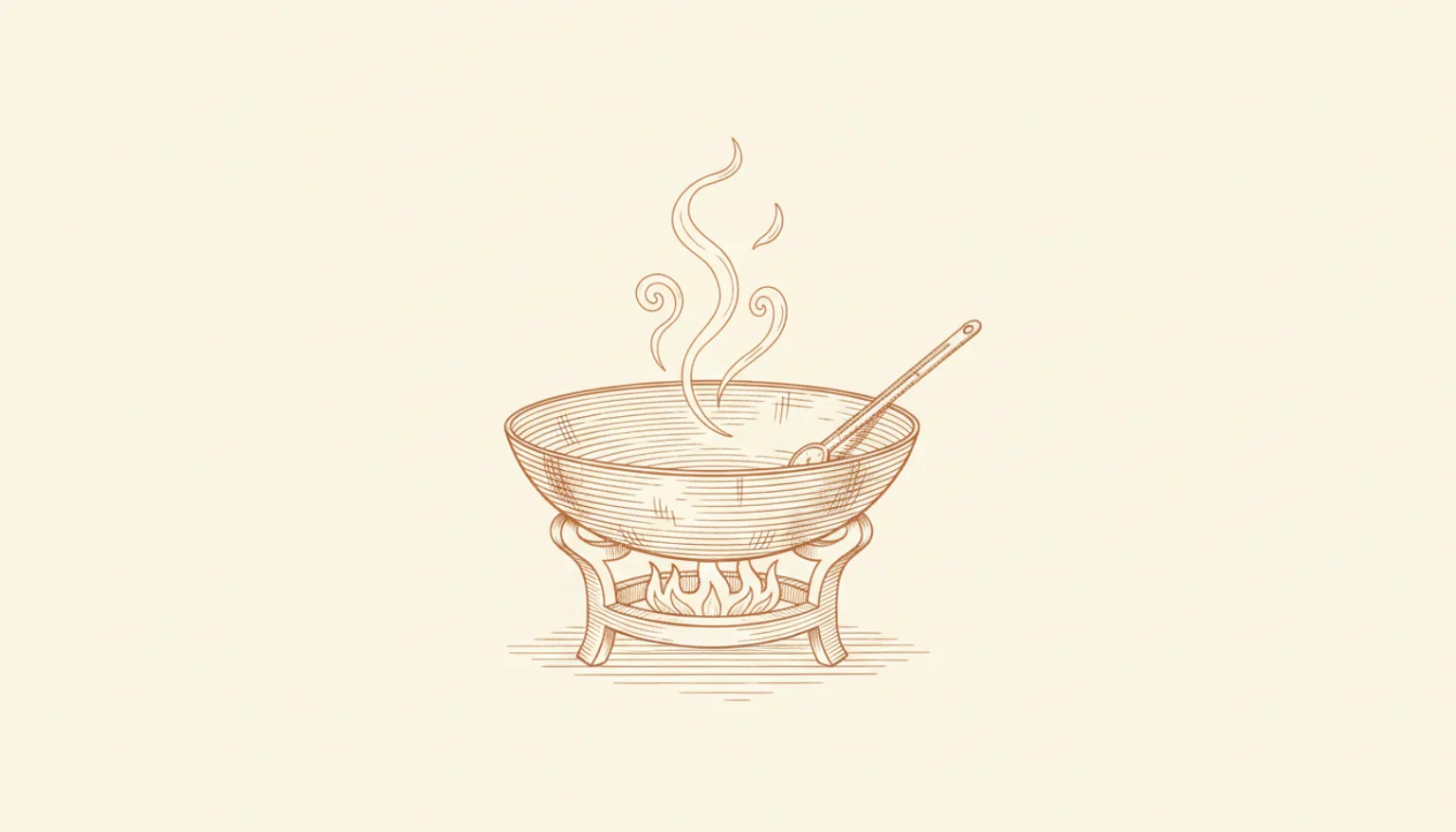 Line illustration of a kadhai over a flame with smoke rising and a thermometer