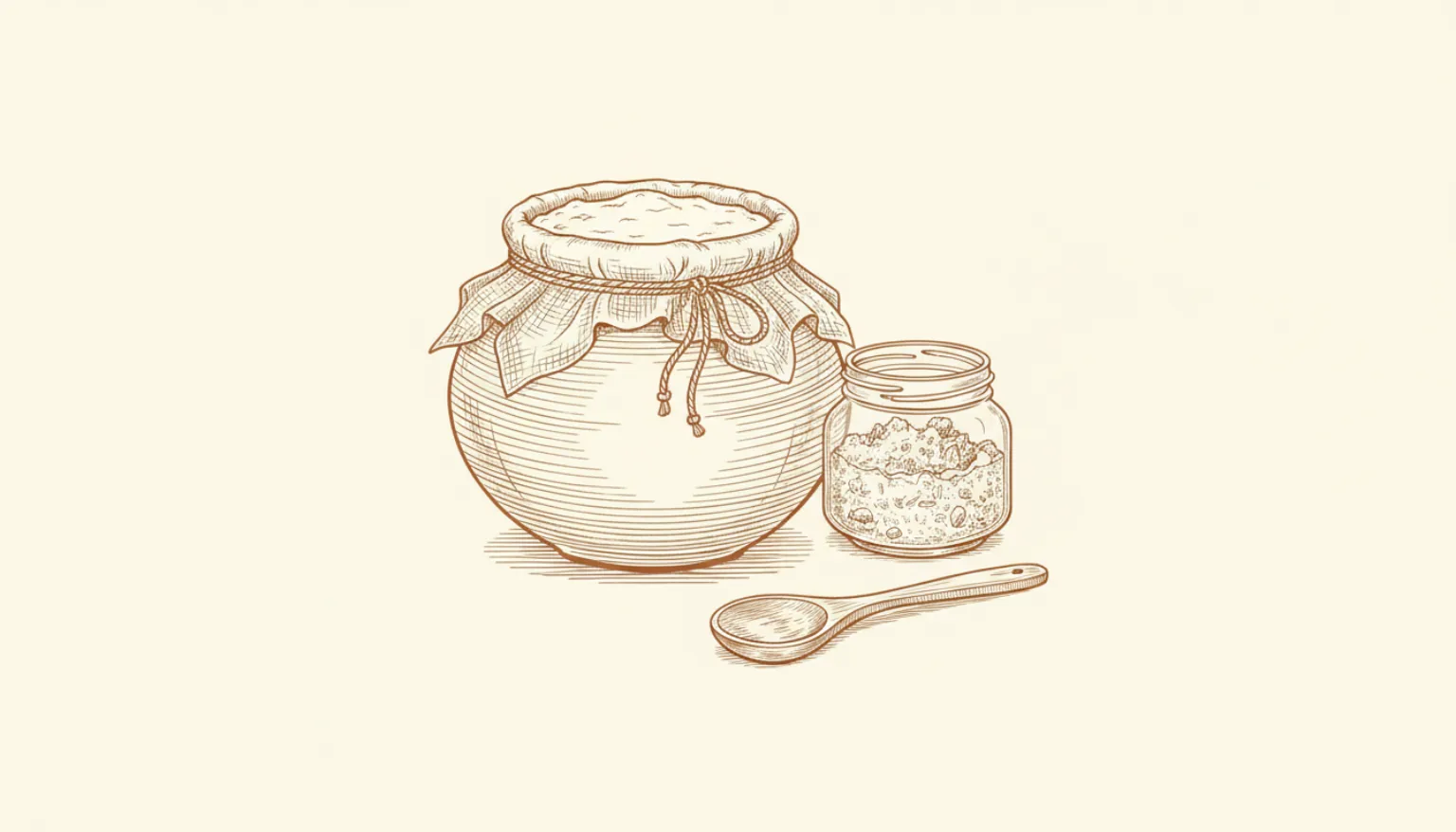 Line illustration of a muslin-covered curd pot beside an open jar of granular ghee