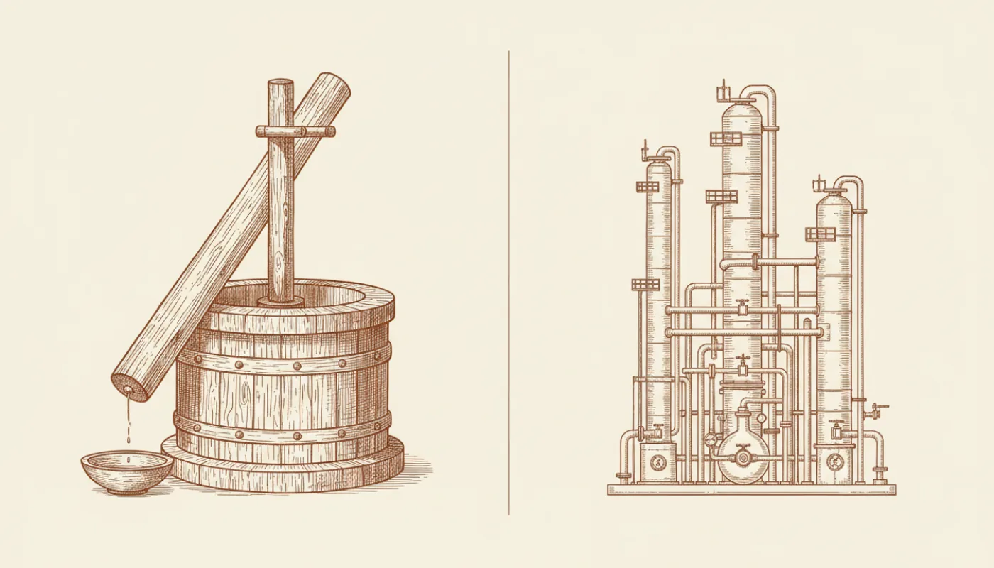 Line illustration comparing a wooden kolhu ghani press with industrial refining apparatus