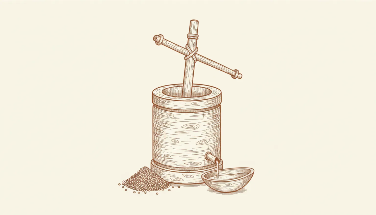 Line illustration of a wooden kolhu ghani press with mustard seeds and a bowl of oil