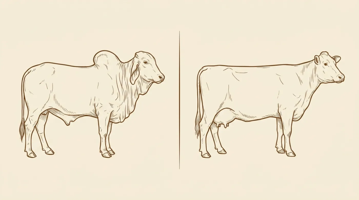 Line illustration comparing a humped indigenous zebu cow with a flat-backed European dairy cow